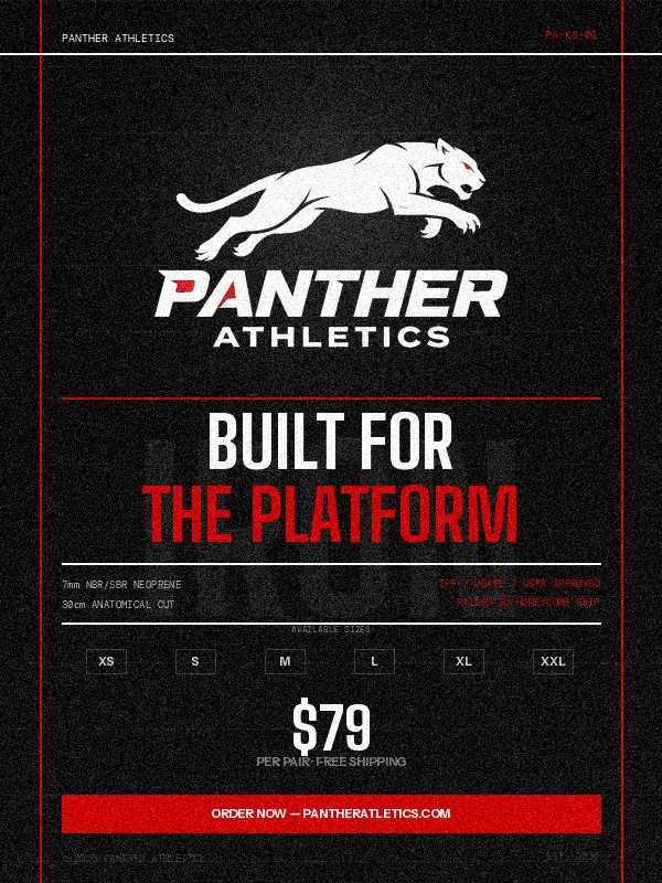 Powerlifter squatting with Panther Athletics knee sleeves